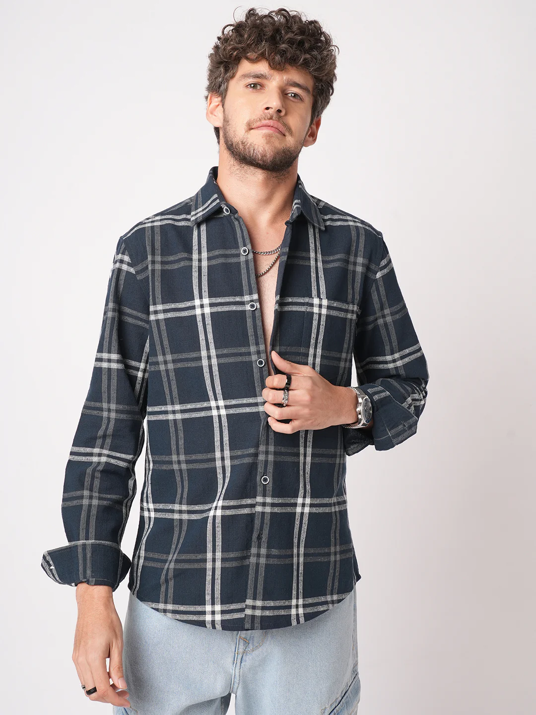 Midnight Blue Classic Plaid Checks Jacquard Shirt - Image 5