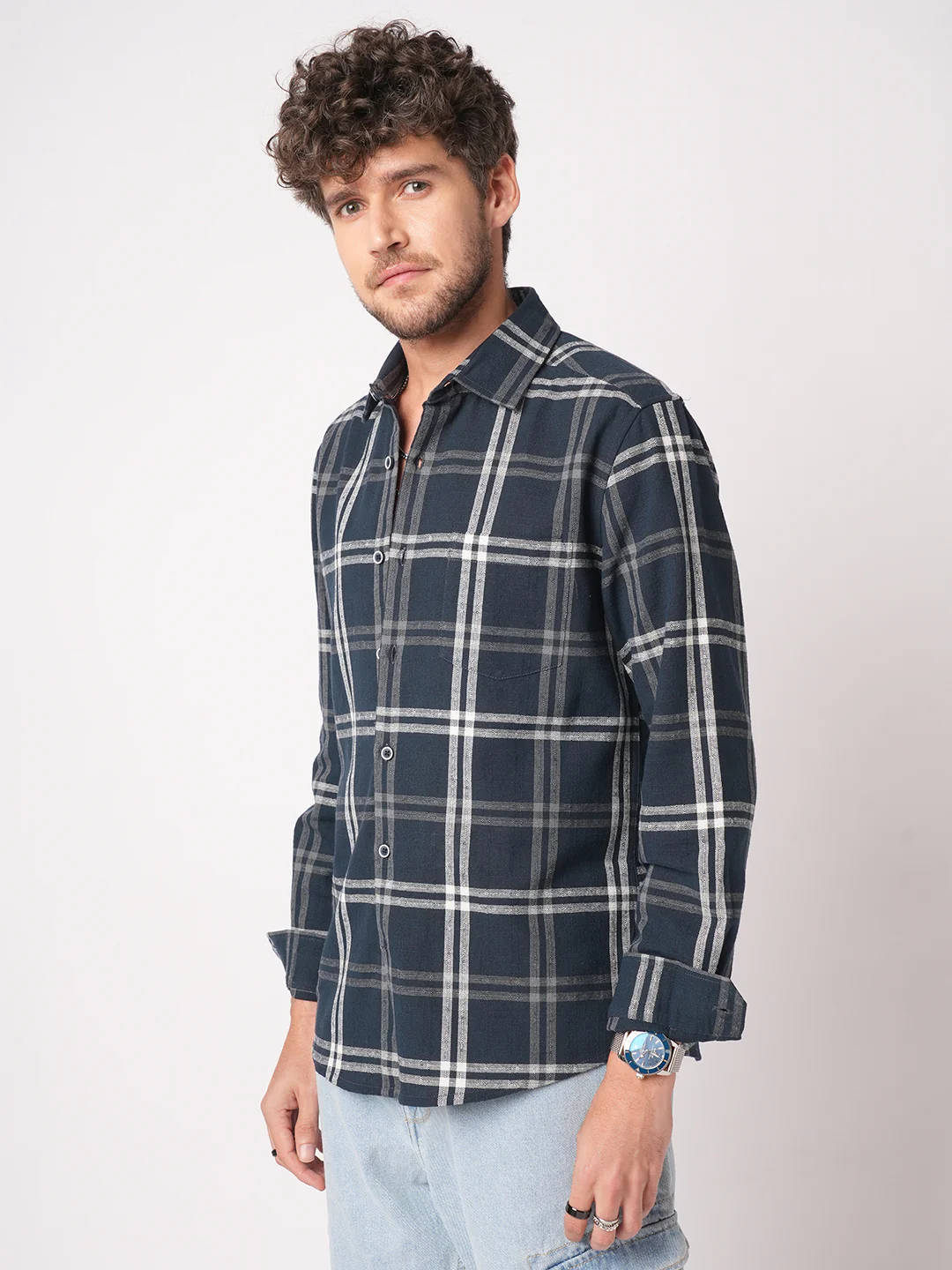Midnight Blue Classic Plaid Checks Jacquard Shirt - Image 6