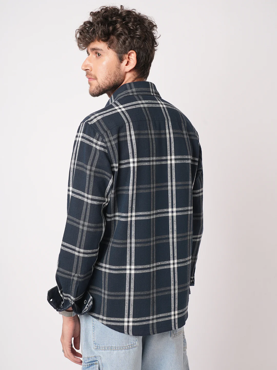 Midnight Blue Classic Plaid Checks Jacquard Shirt - Image 7
