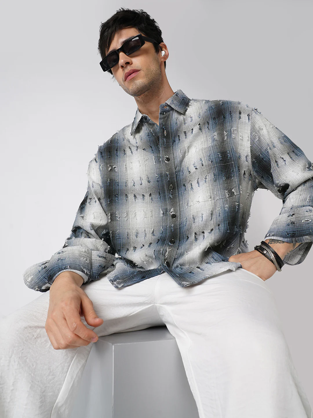 Midnight Blue Frayed Checks Boxy Fit Crop Shirt
