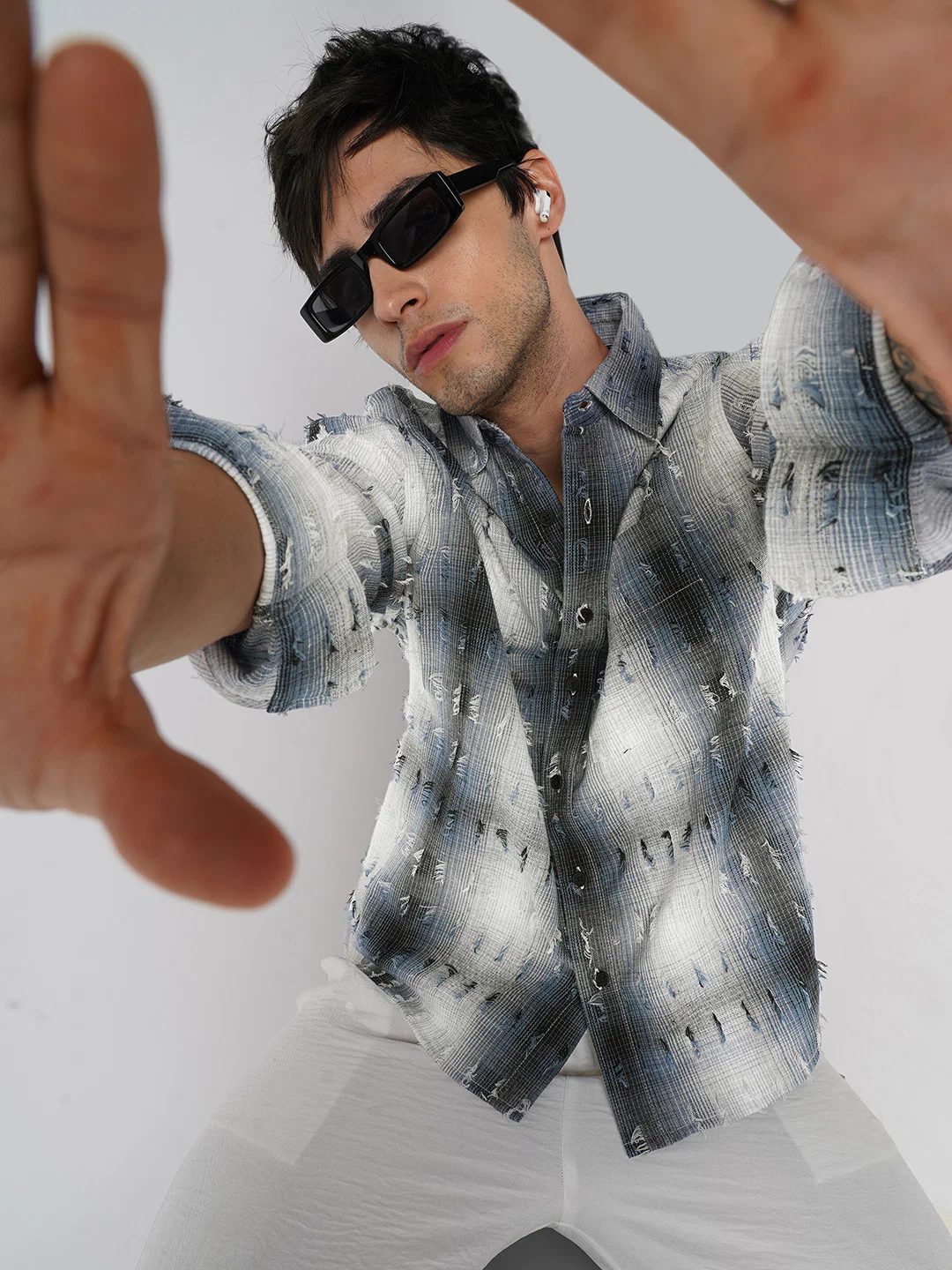 Midnight Blue Frayed Checks Boxy Fit Crop Shirt - Image 2