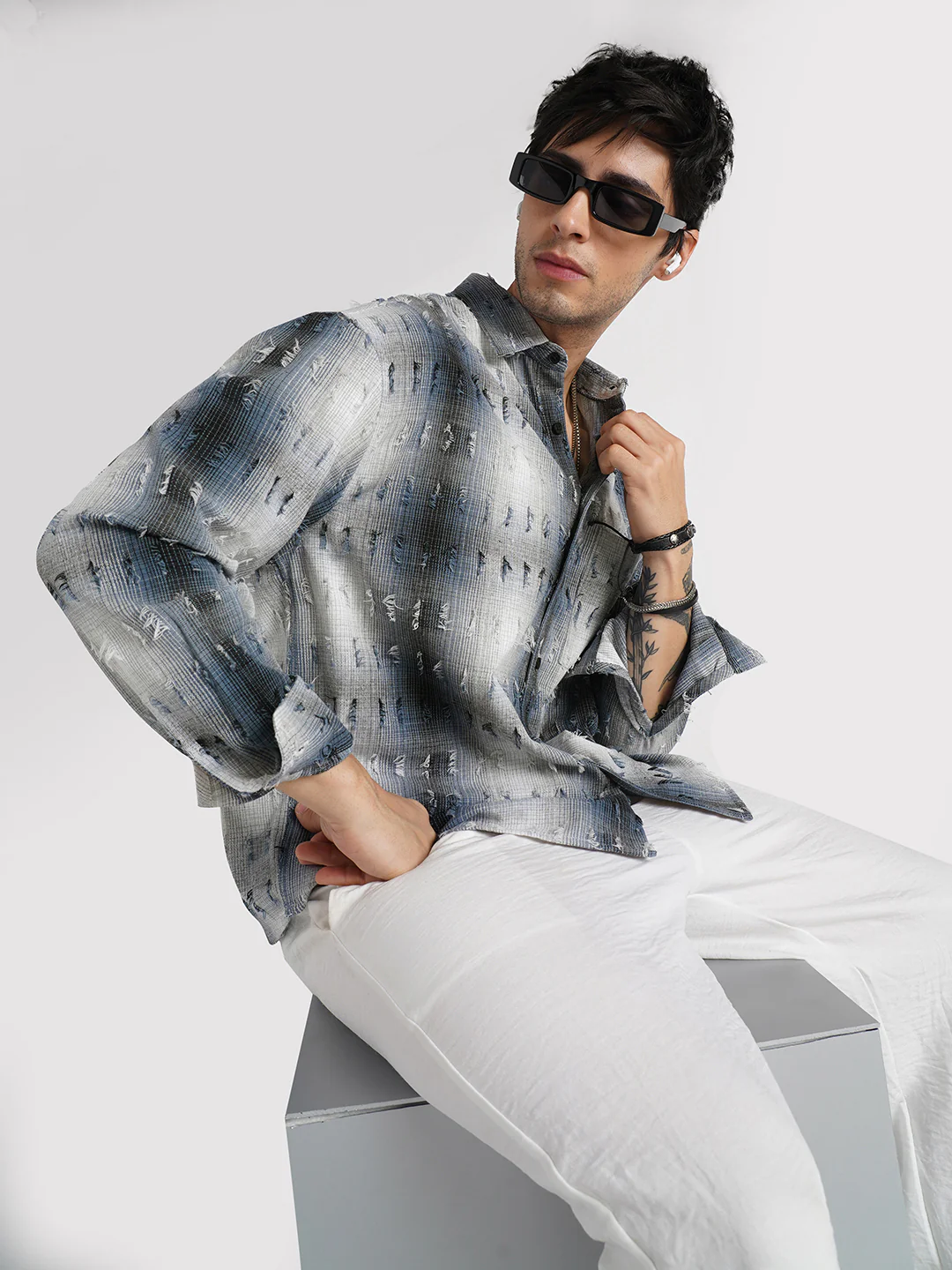 Midnight Blue Frayed Checks Boxy Fit Crop Shirt - Image 4