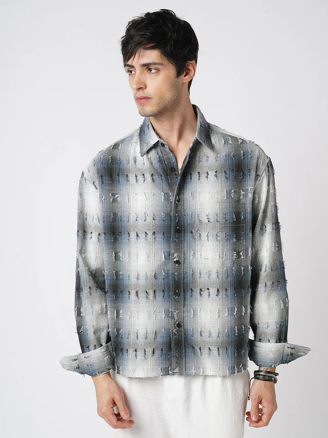 Midnight Blue Frayed Checks Boxy Fit Crop Shirt - Image 5