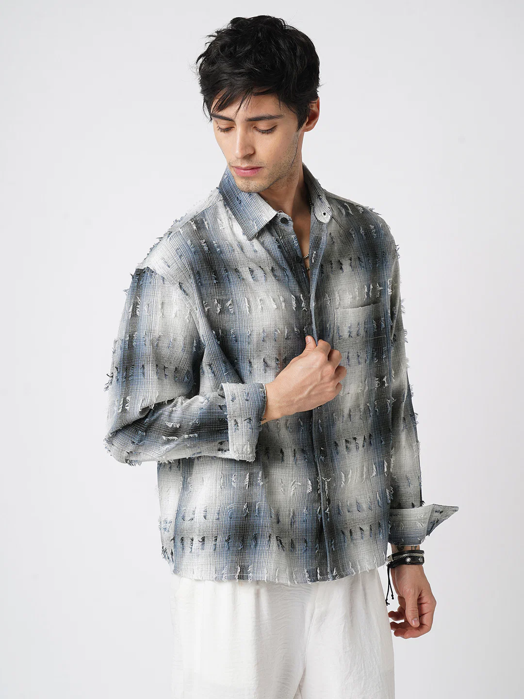 Midnight Blue Frayed Checks Boxy Fit Crop Shirt - Image 6
