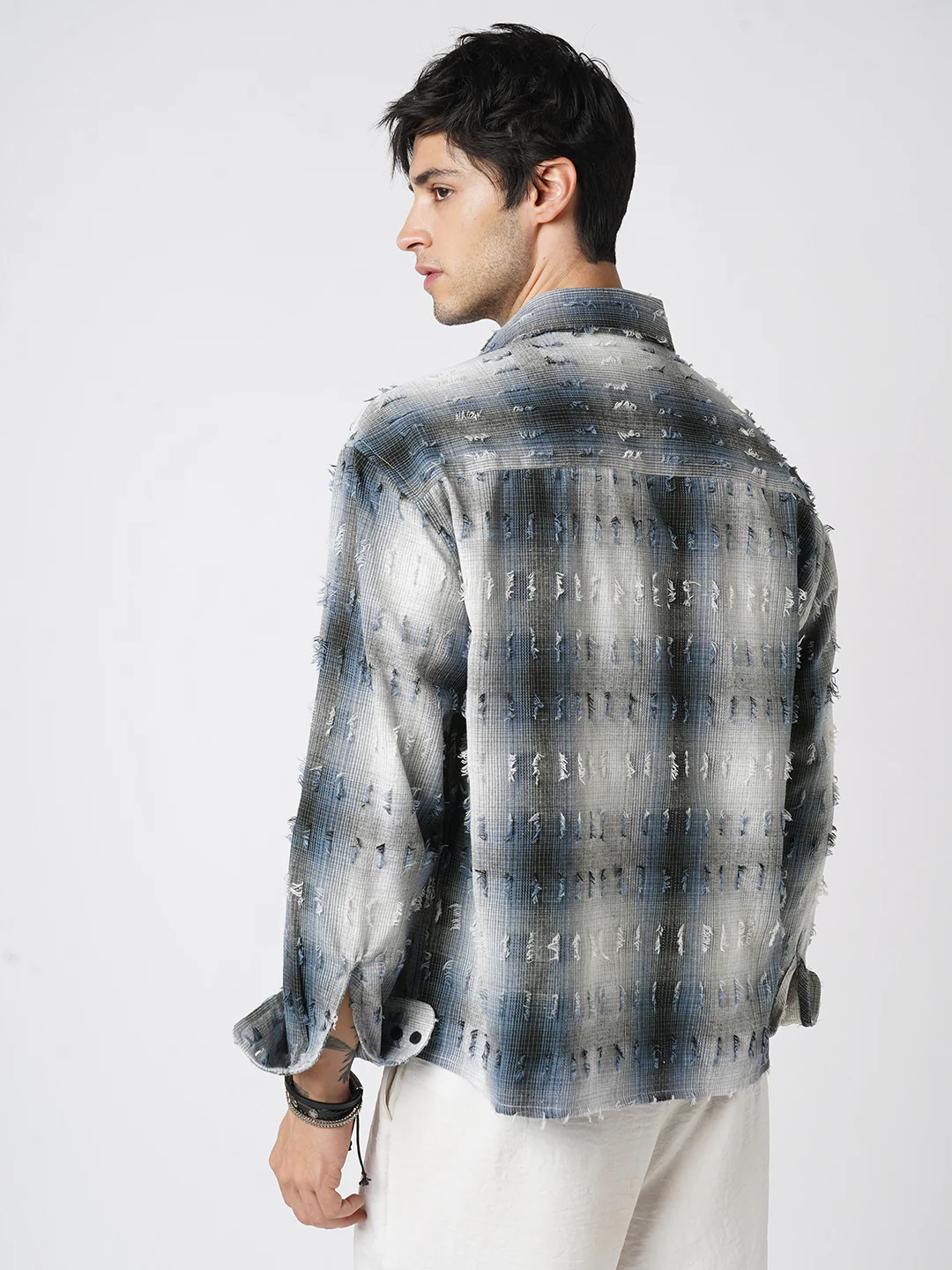 Midnight Blue Frayed Checks Boxy Fit Crop Shirt - Image 7
