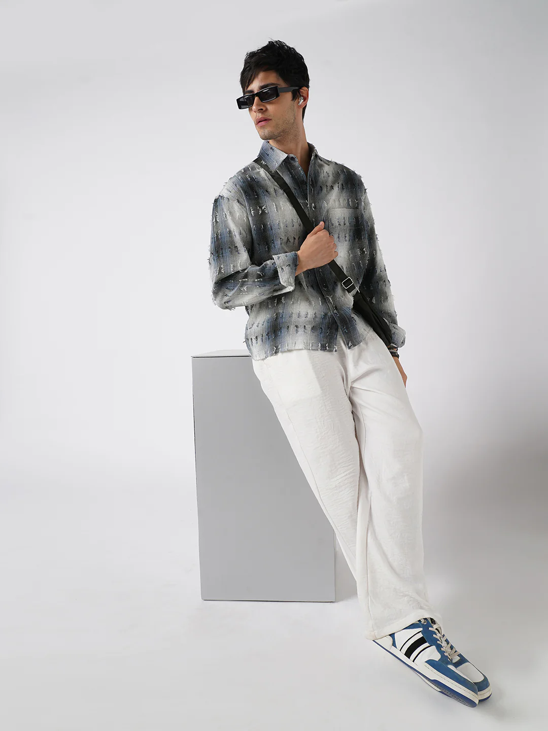 Midnight Blue Frayed Checks Boxy Fit Crop Shirt - Image 8