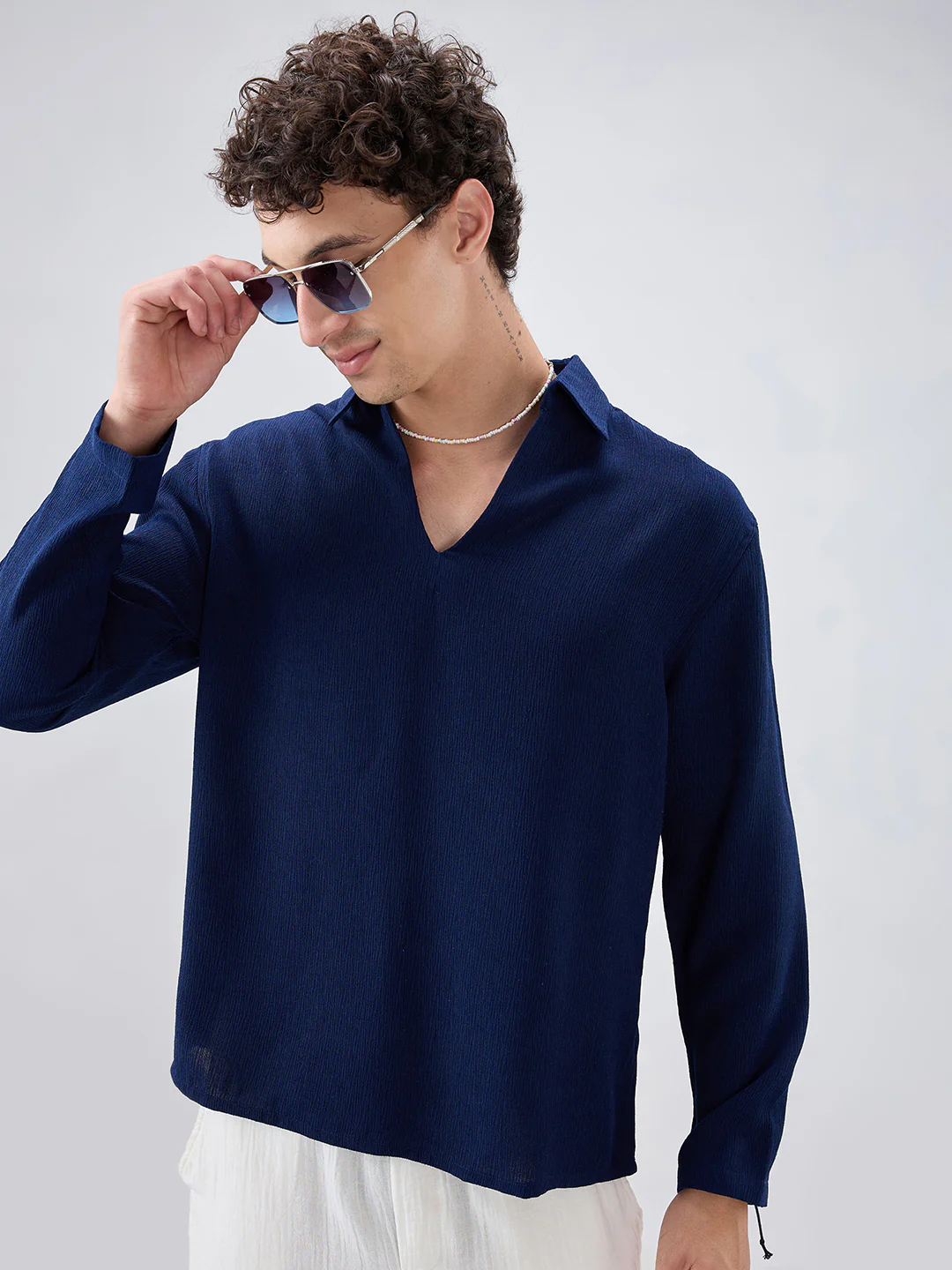 Midnight Navy Crepe Oversized Polo Shirt - Image 2
