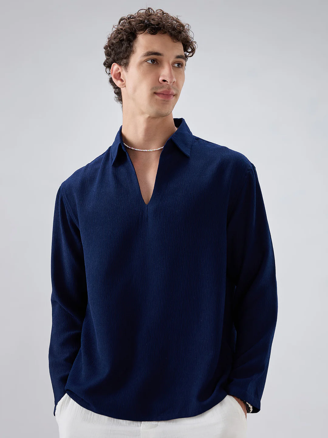 Midnight Navy Crepe Oversized Polo Shirt - Image 5