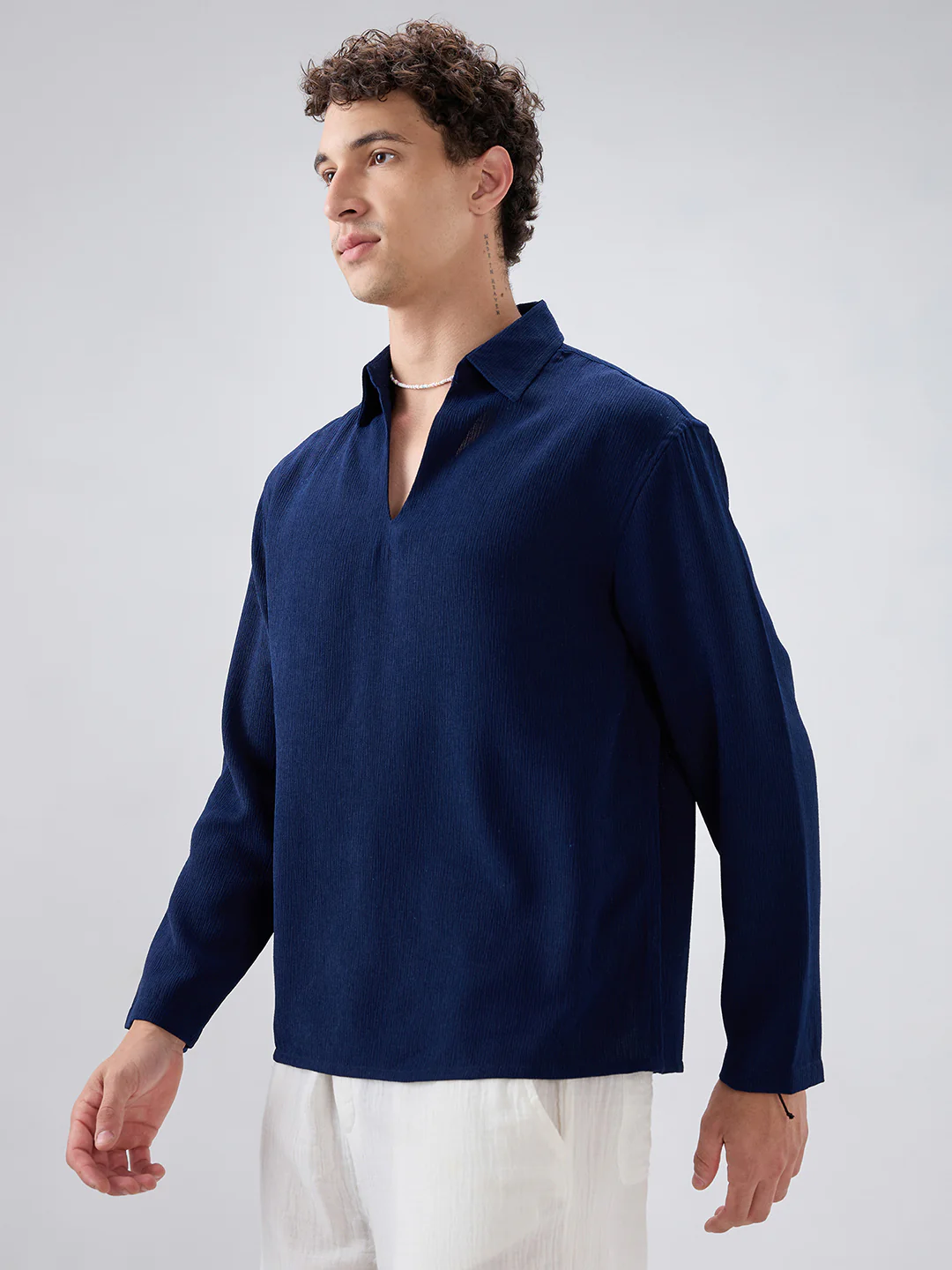 Midnight Navy Crepe Oversized Polo Shirt - Image 6