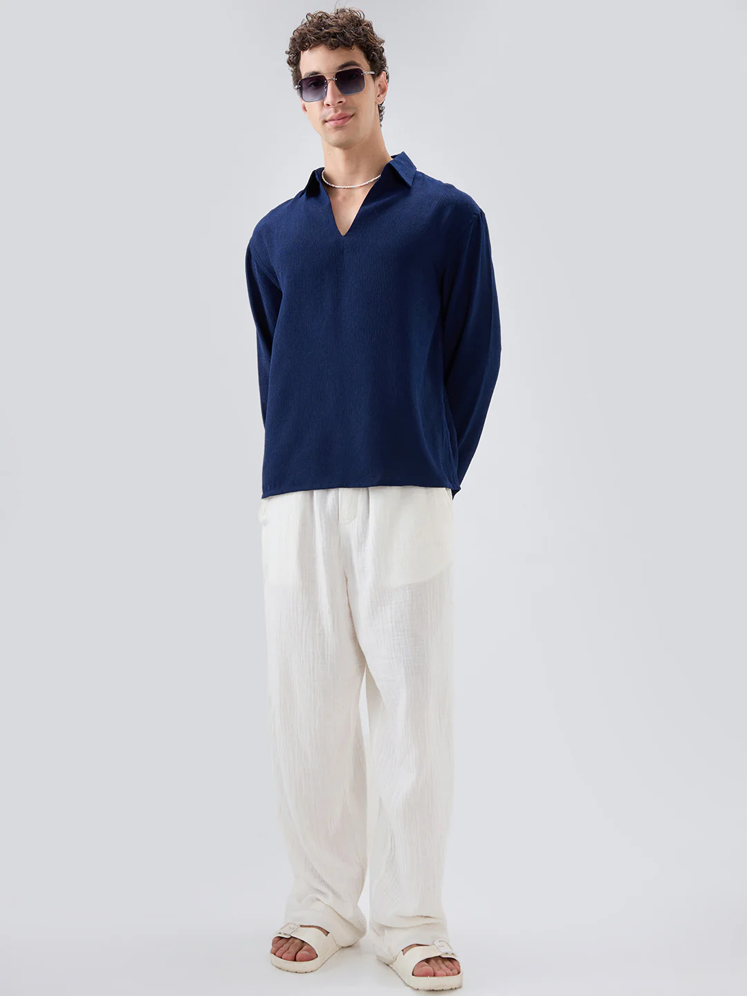 Midnight Navy Crepe Oversized Polo Shirt - Image 8