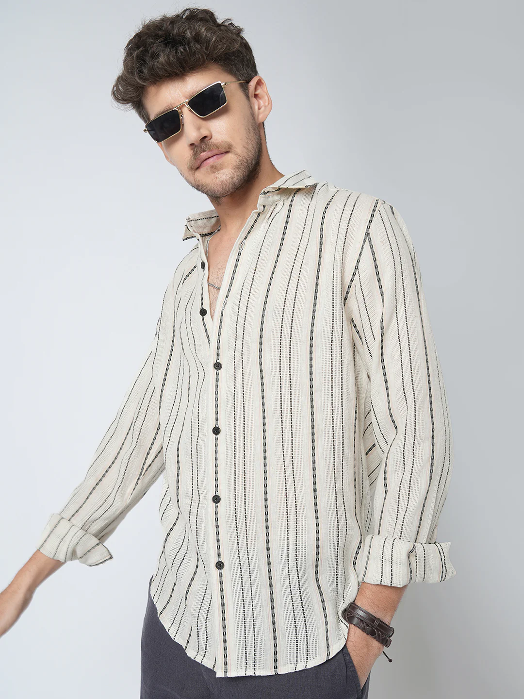 Minimal Ivory Loomed Textured Shirt - Image 2