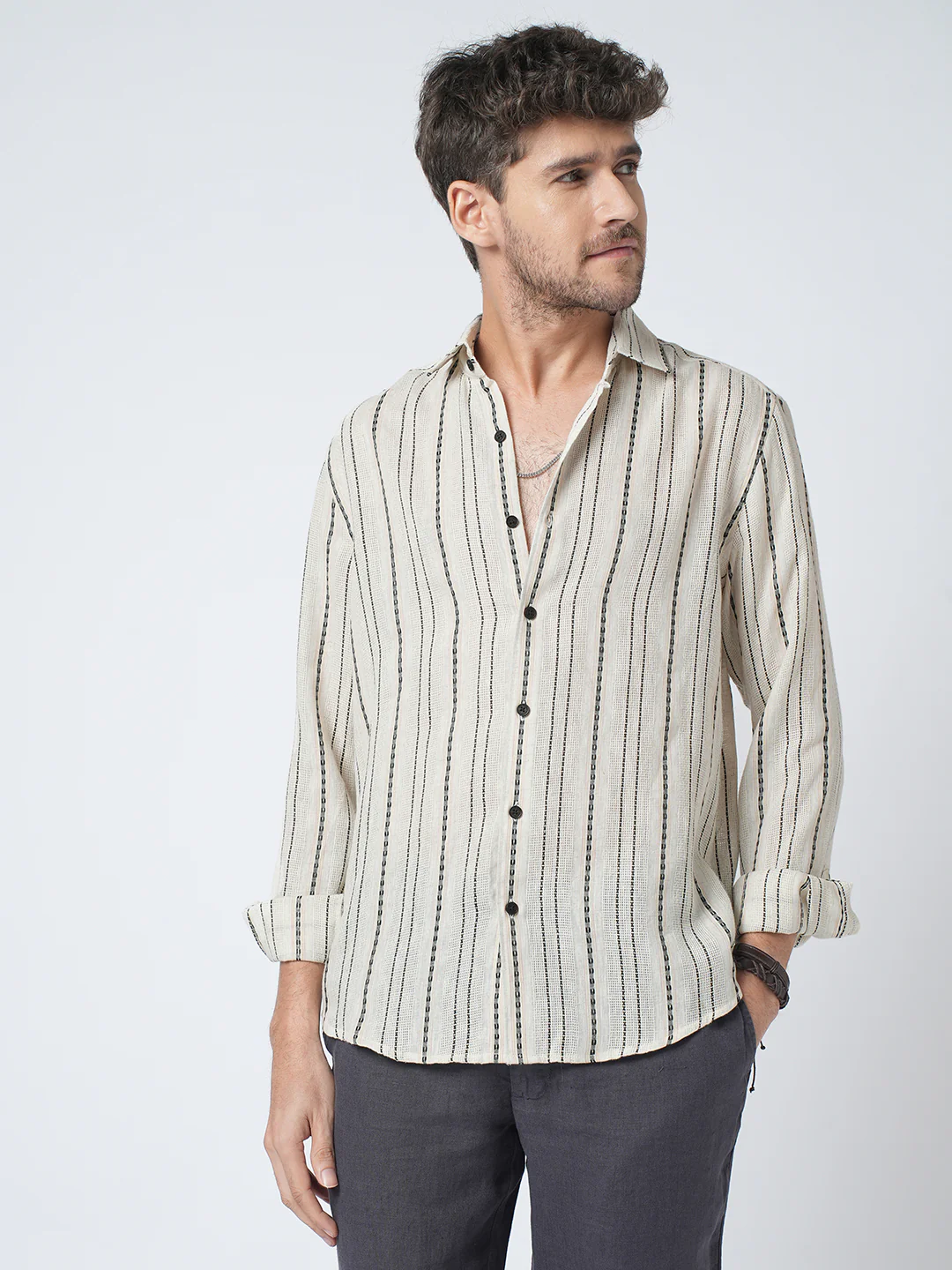 Minimal Ivory Loomed Textured Shirt - Image 4