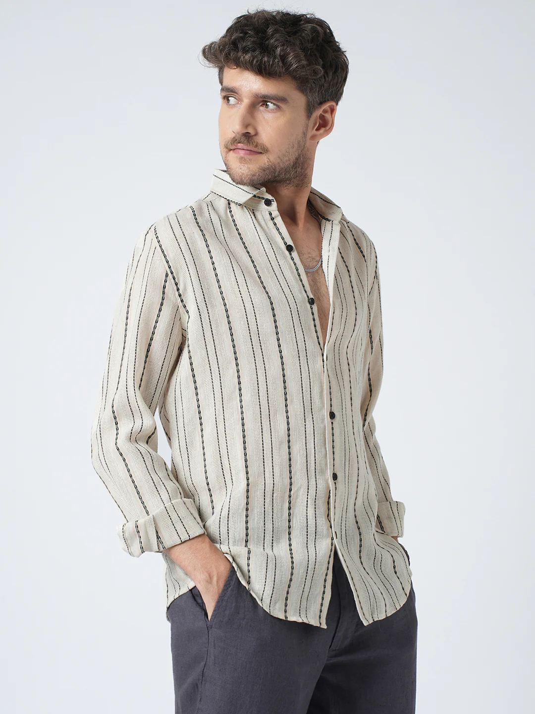 Minimal Ivory Loomed Textured Shirt - Image 5