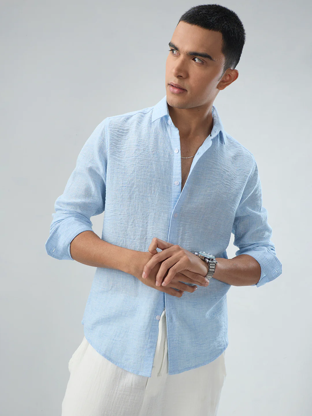 Minimal Soft Blue Everyday Textured Shirt - Image 2