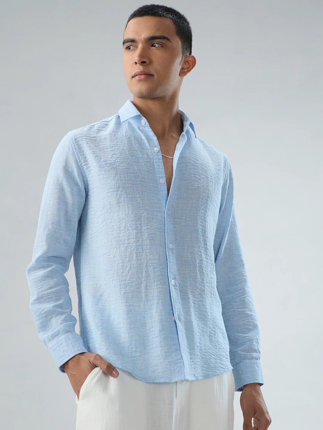 Minimal Soft Blue Everyday Textured Shirt - Image 4