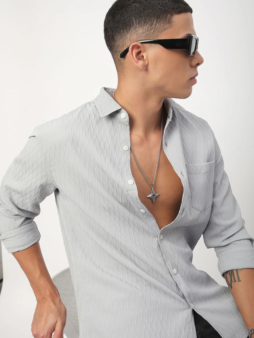 Minimalist Cloud Grey Textured Shirt - Image 2