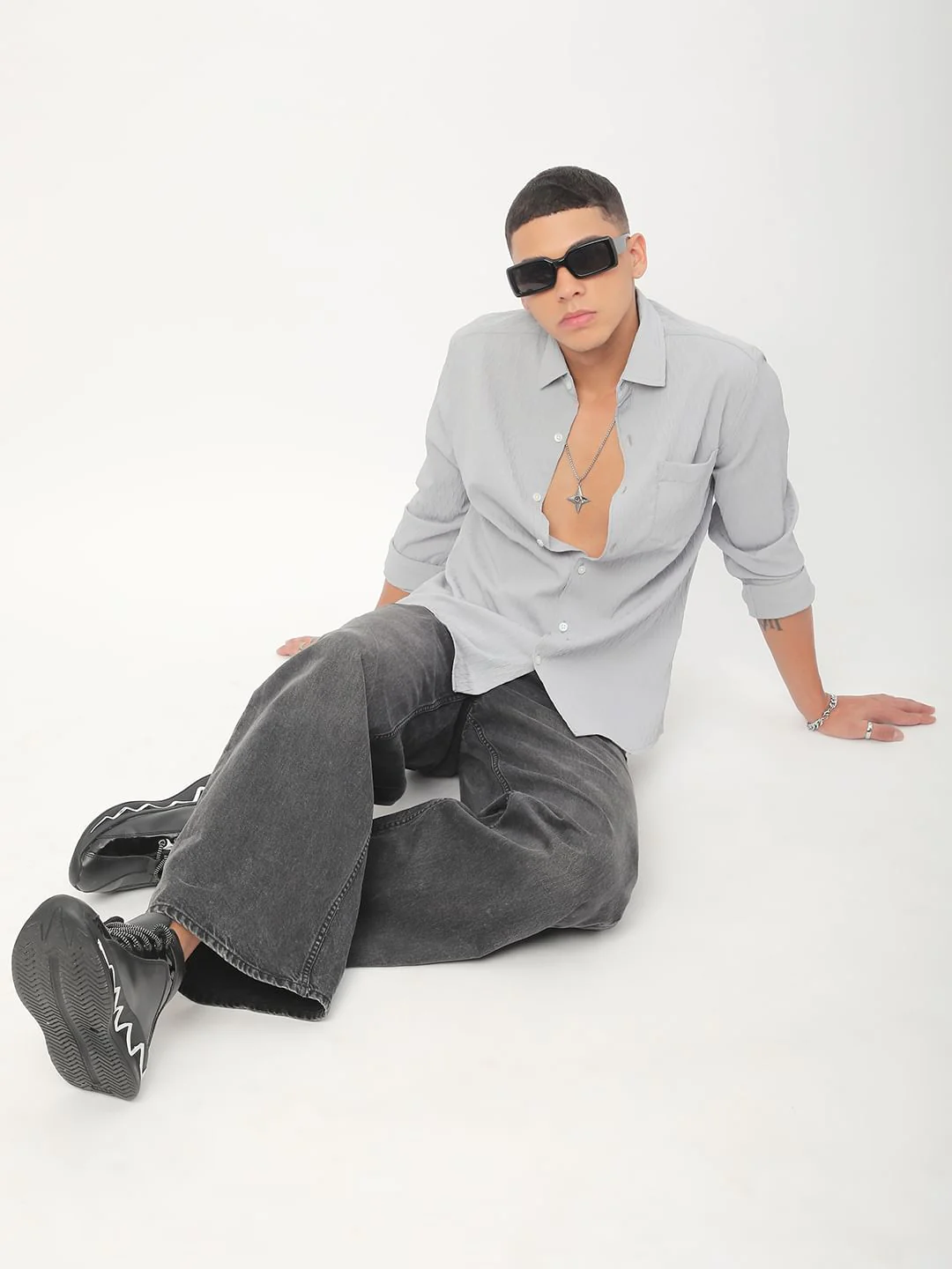 Minimalist Cloud Grey Textured Shirt - Image 9