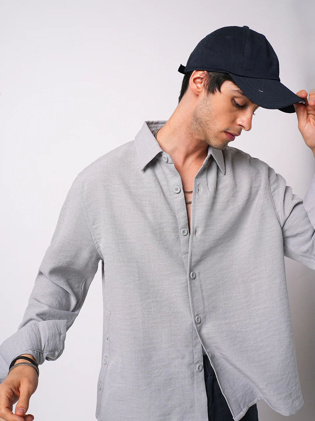 Minimalist Grey Slub Boxy Fit Side Slit Button Crop Shirt - Image 2