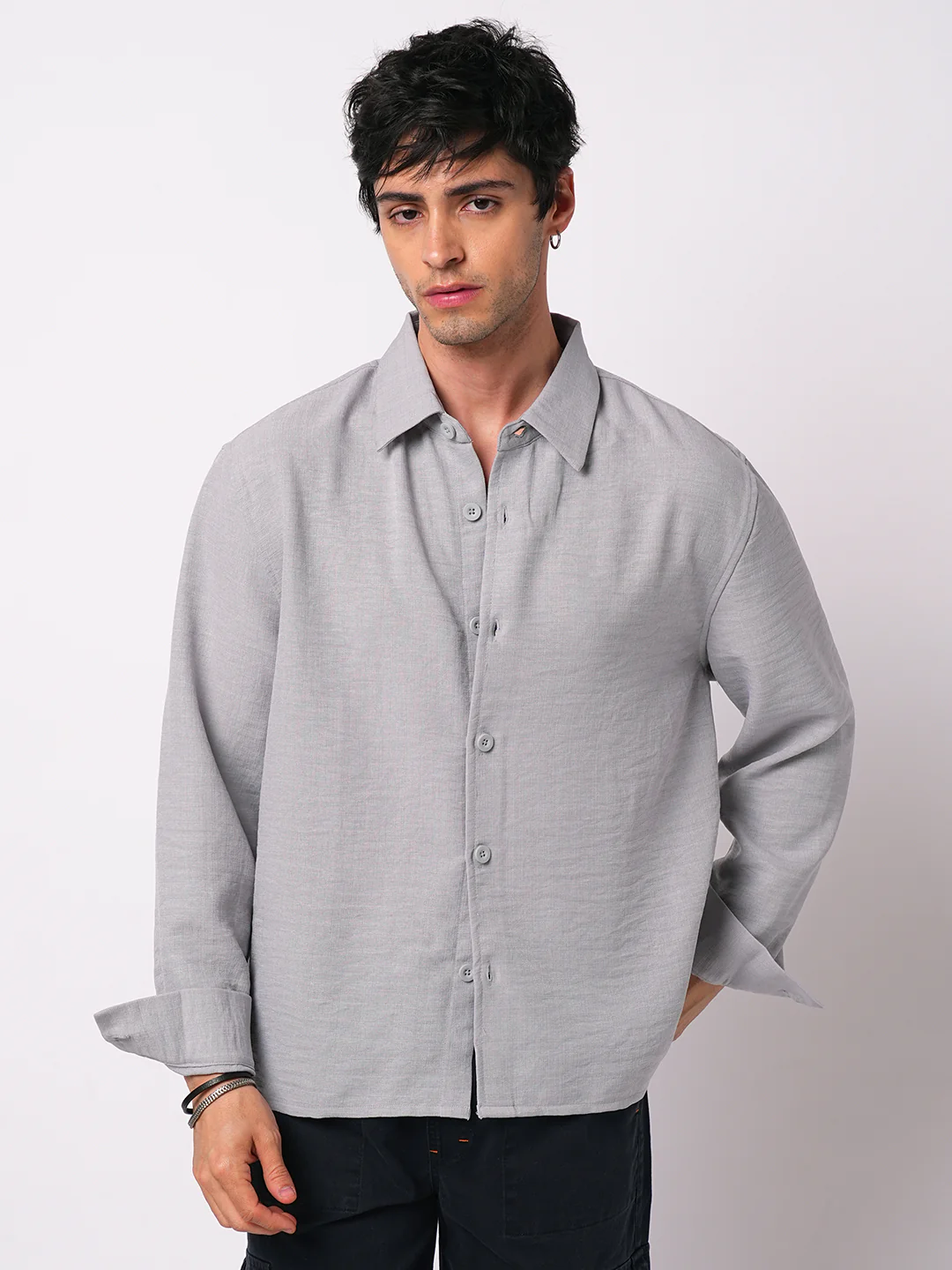 Minimalist Grey Slub Boxy Fit Side Slit Button Crop Shirt - Image 5