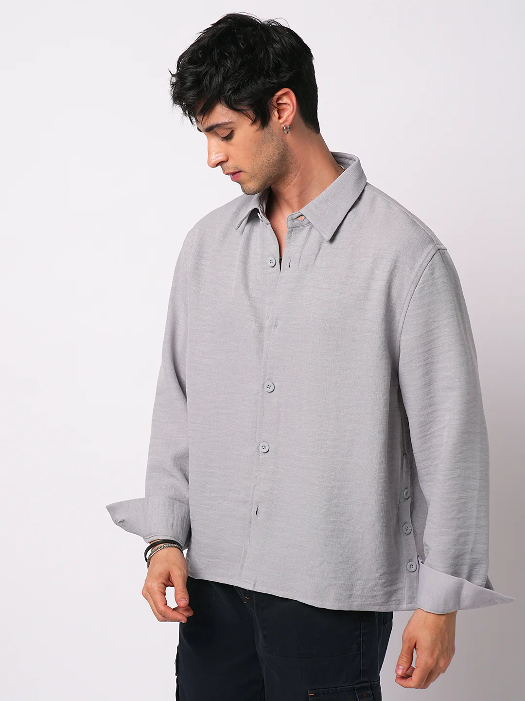 Minimalist Grey Slub Boxy Fit Side Slit Button Crop Shirt - Image 6