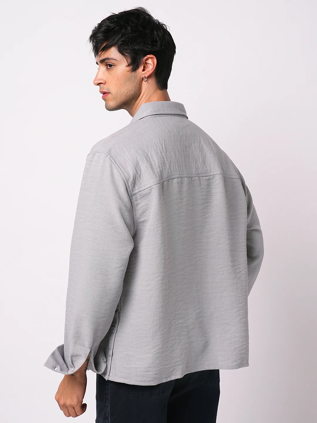 Minimalist Grey Slub Boxy Fit Side Slit Button Crop Shirt - Image 7