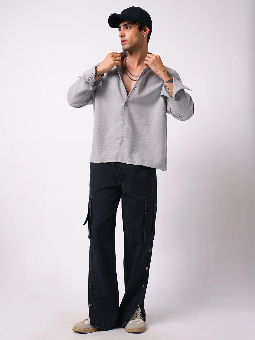 Minimalist Grey Slub Boxy Fit Side Slit Button Crop Shirt - Image 8