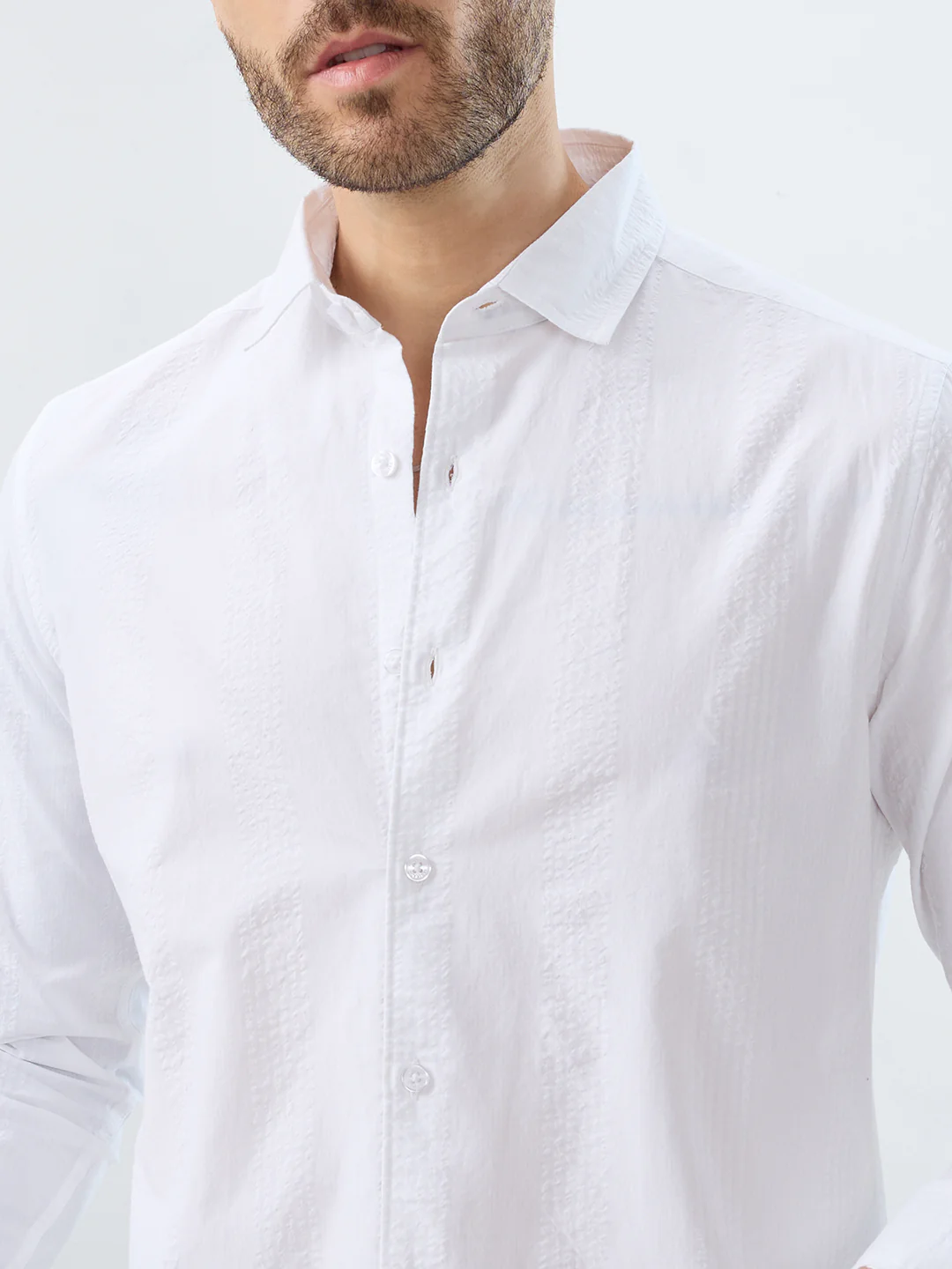 Minimalist Pure White Fine Line Seersucker Stripe Shirt - Image 3