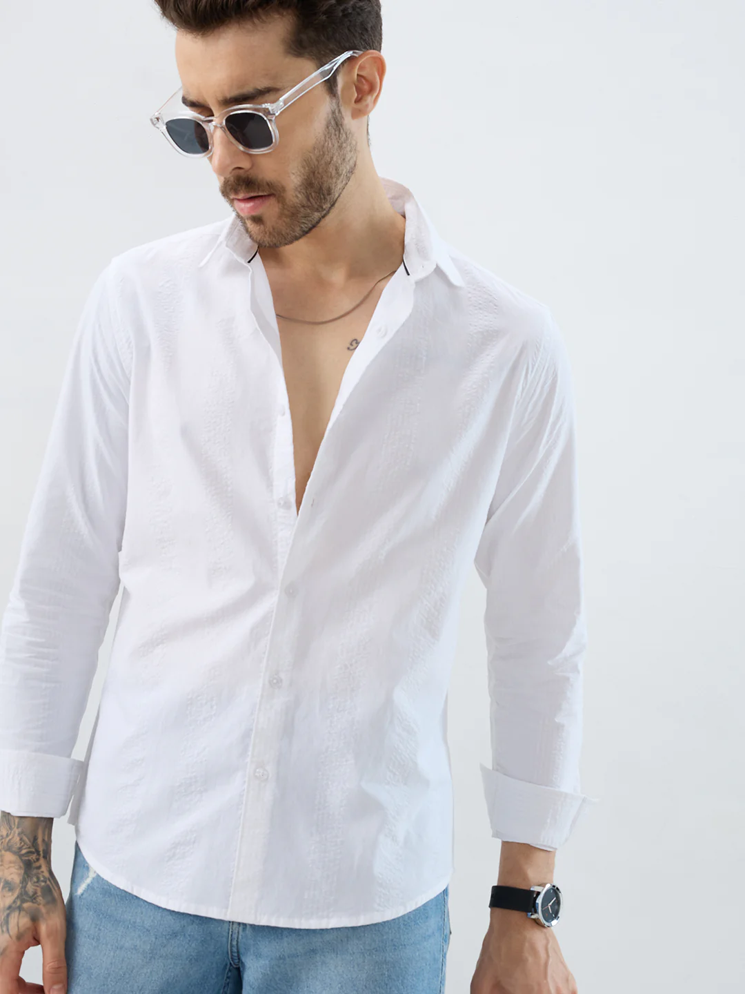 Minimalist Pure White Fine Line Seersucker Stripe Shirt - Image 4