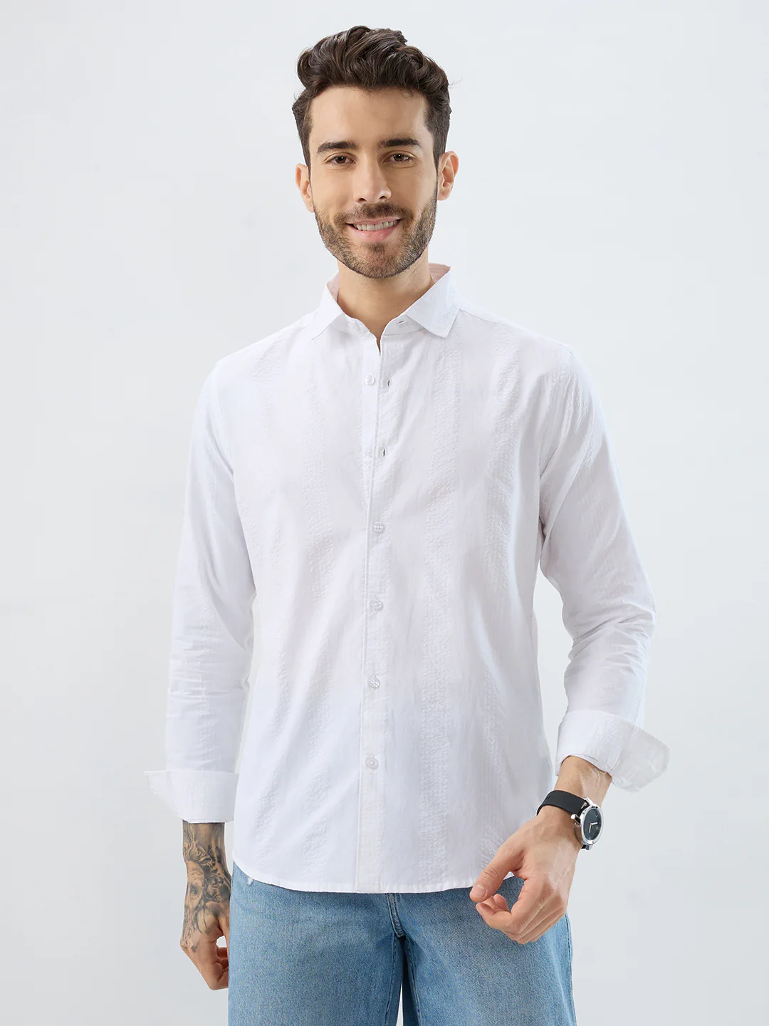 Minimalist Pure White Fine Line Seersucker Stripe Shirt - Image 5