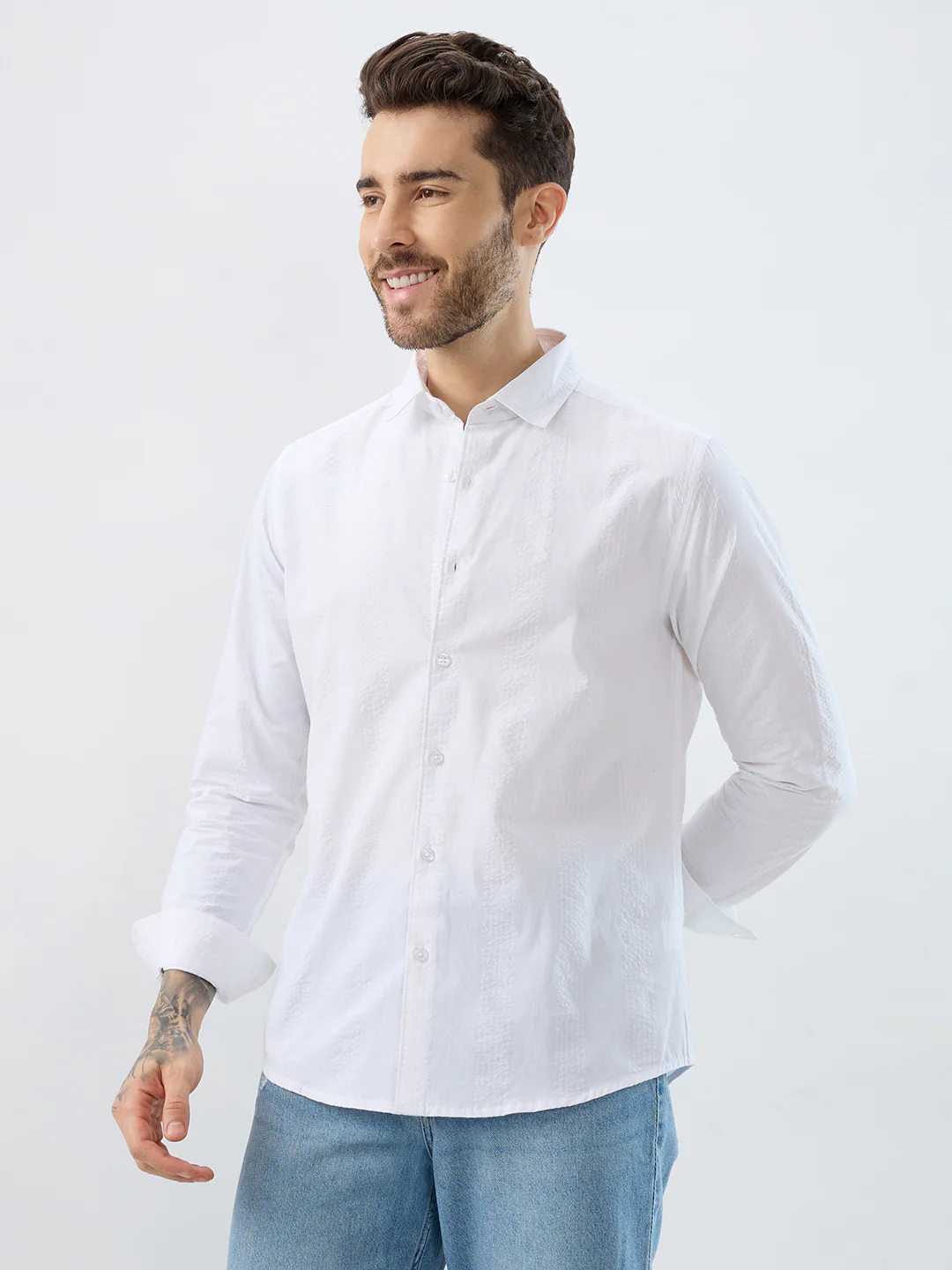 Minimalist Pure White Fine Line Seersucker Stripe Shirt - Image 6