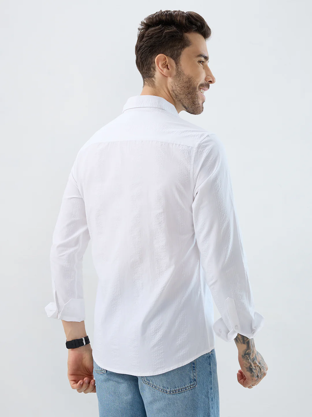 Minimalist Pure White Fine Line Seersucker Stripe Shirt - Image 7