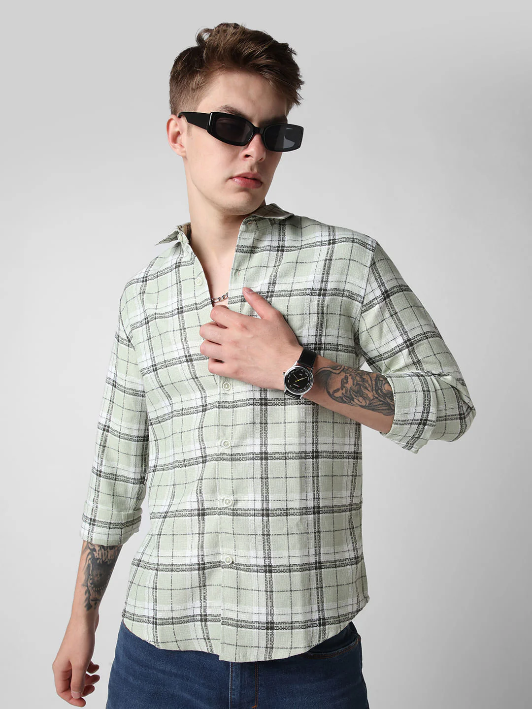 Mint Green & Black Dobby Checkered Shirt - Image 4