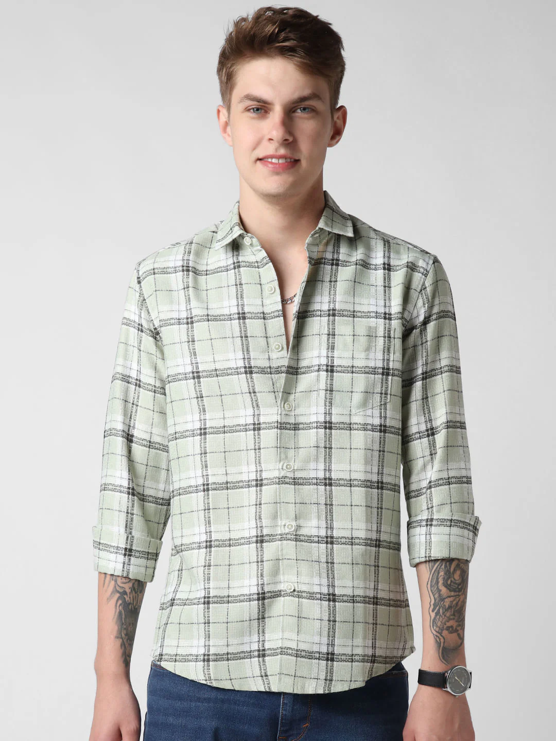 Mint Green & Black Dobby Checkered Shirt - Image 5