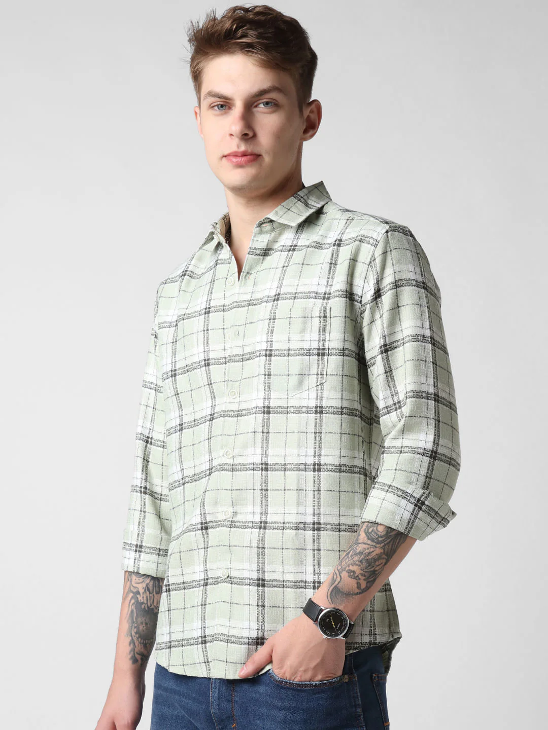 Mint Green & Black Dobby Checkered Shirt - Image 6