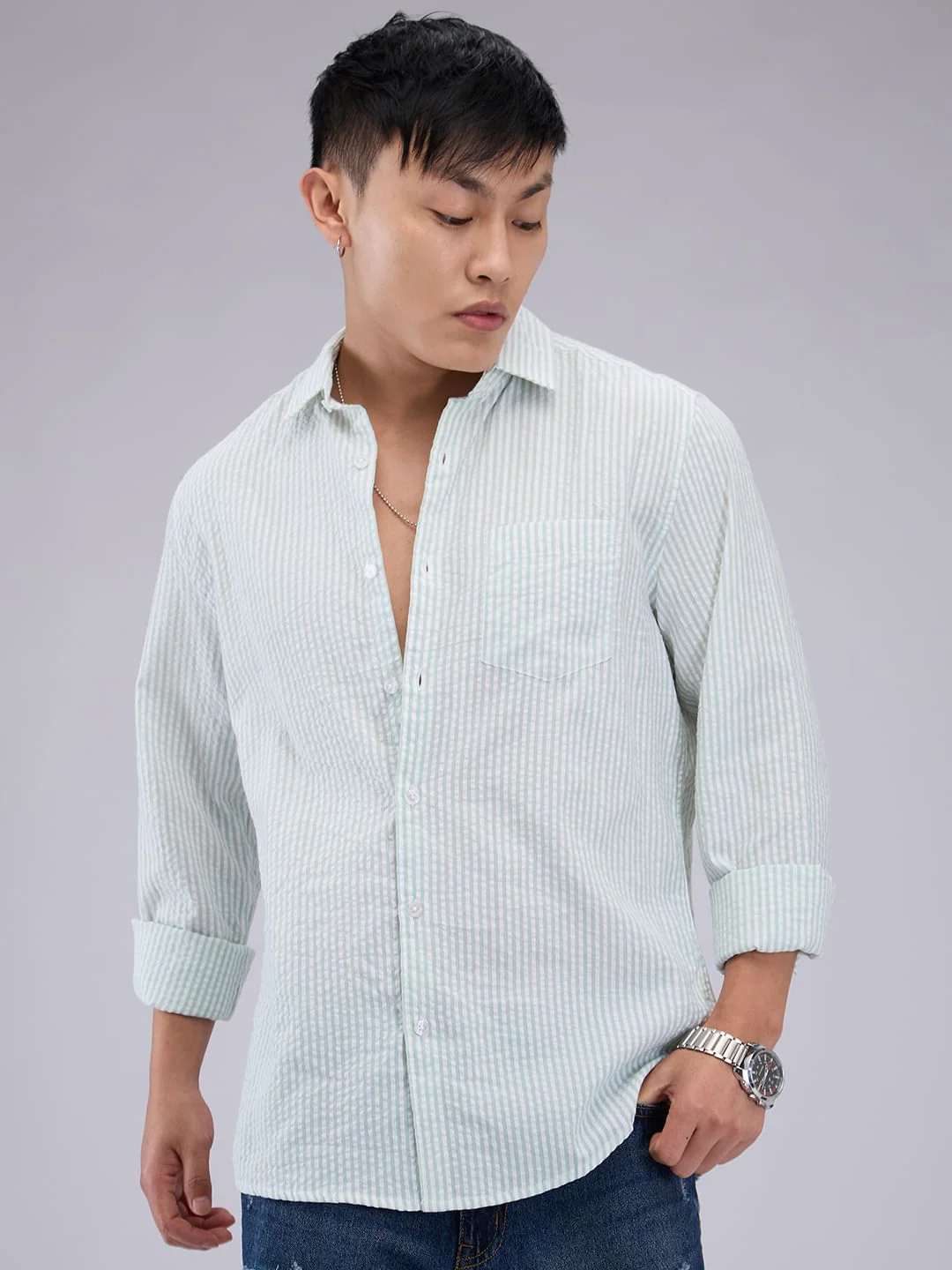 Mint Green Seersucker Striped Shirt - Image 4