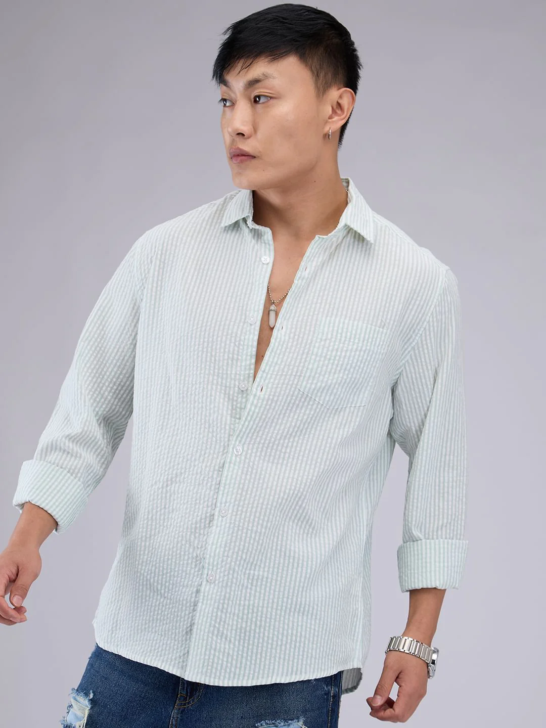 Mint Green Seersucker Striped Shirt - Image 5