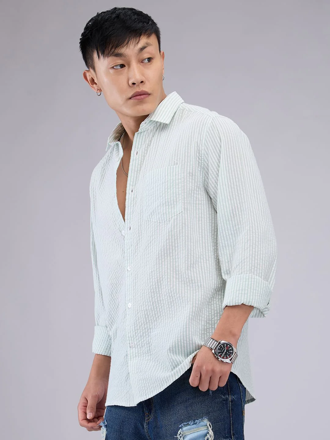 Mint Green Seersucker Striped Shirt - Image 6