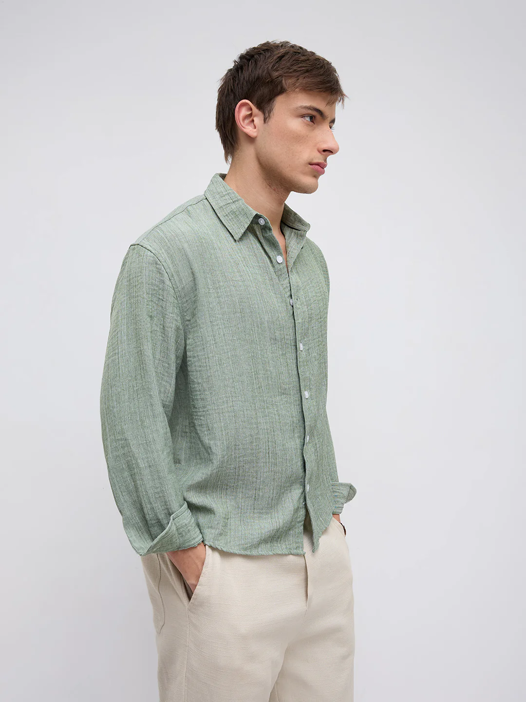 Mint Green Textured Boxy Fit Crop Shirt - Image 6
