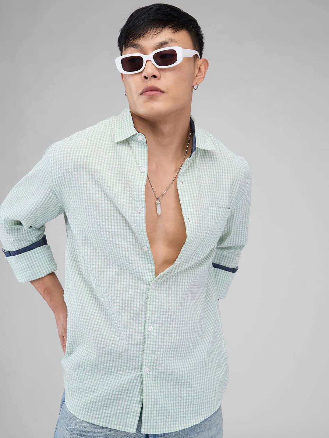 Mint Green Tiny Checkered Seersucker Shirt - Image 2