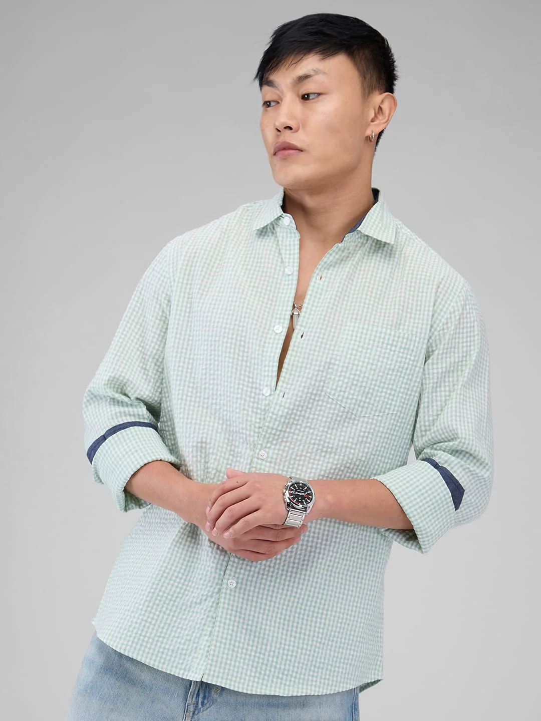 Mint Green Tiny Checkered Seersucker Shirt - Image 4