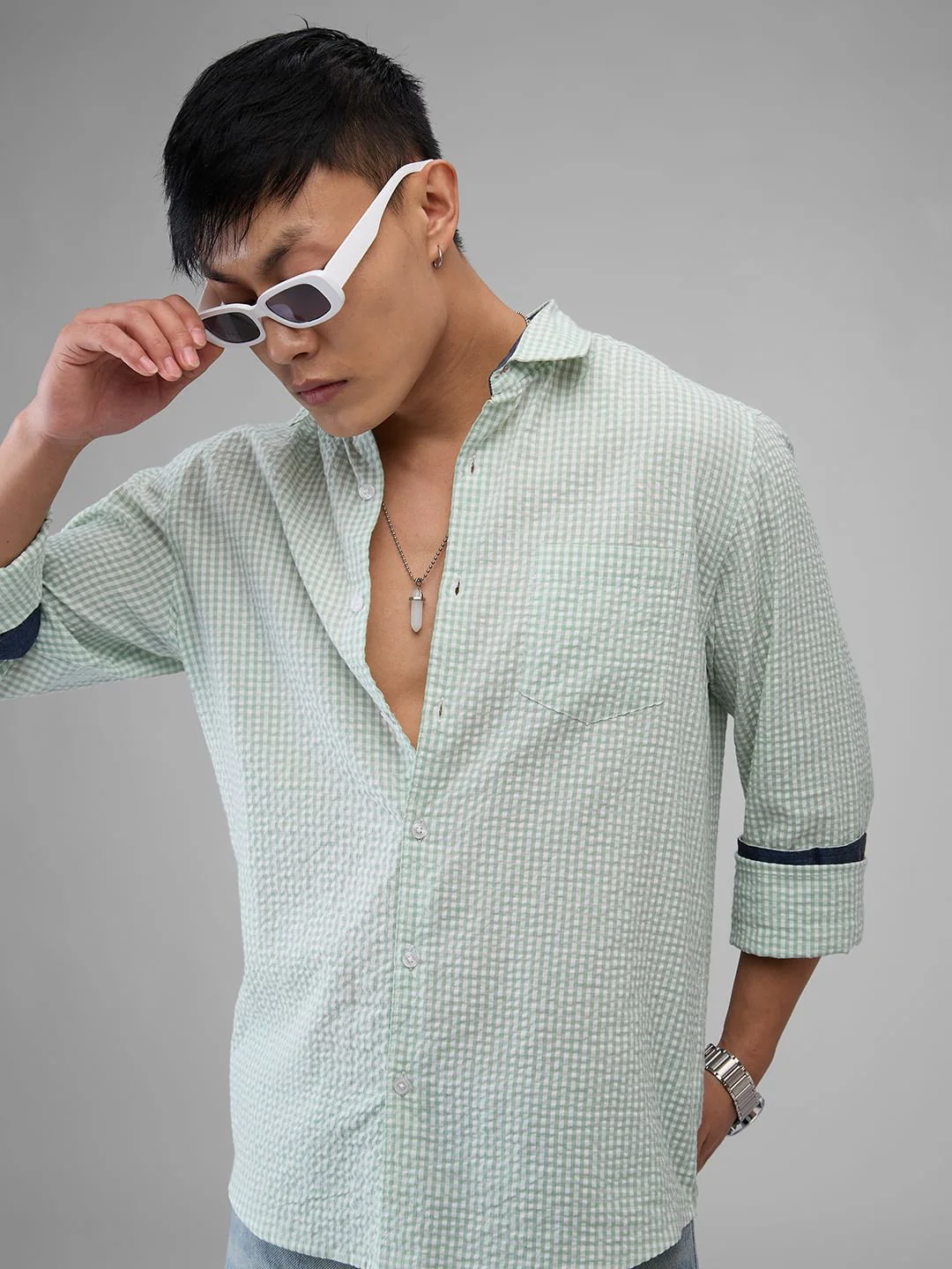 Mint Green Tiny Checkered Seersucker Shirt - Image 5