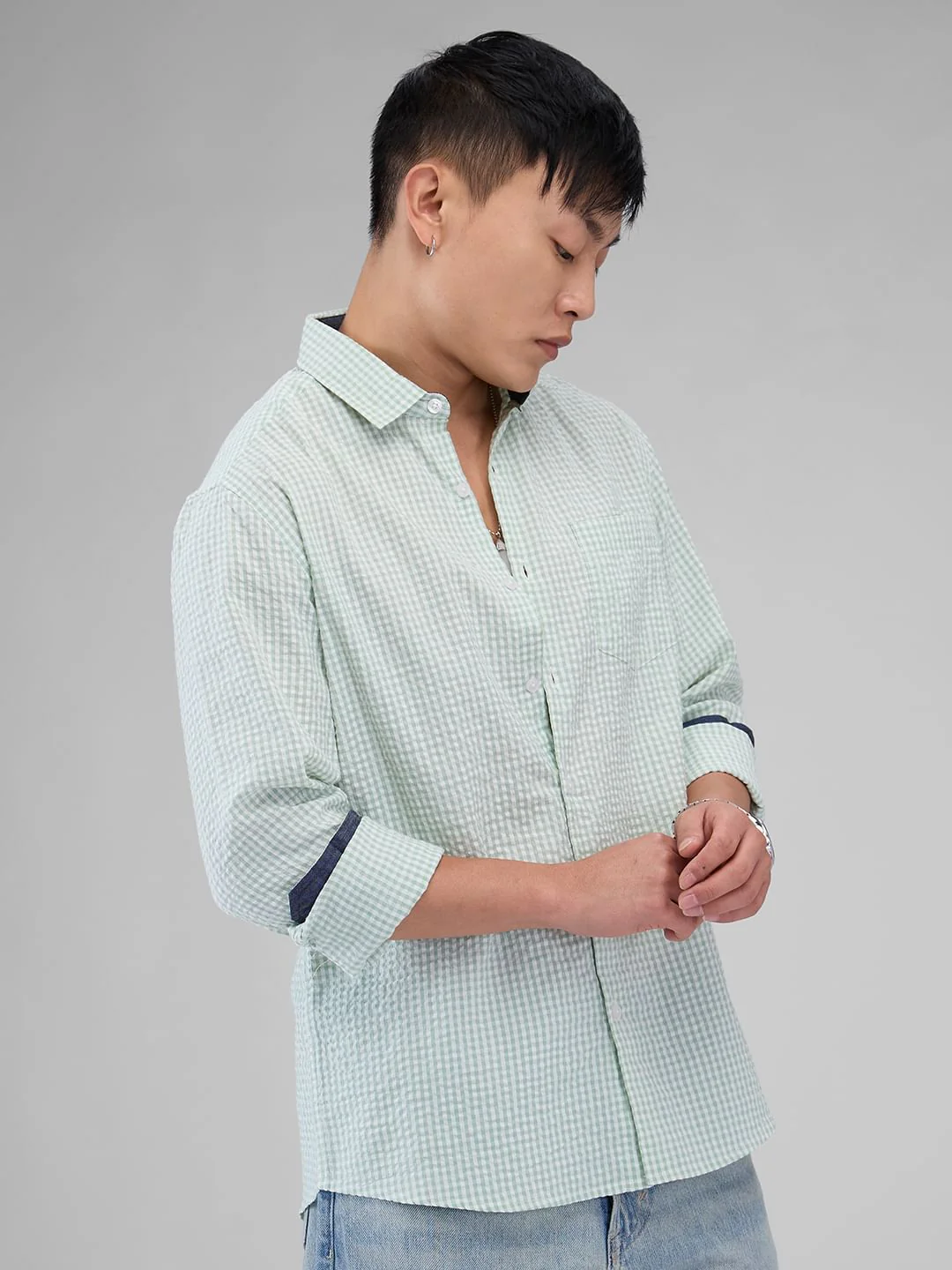 Mint Green Tiny Checkered Seersucker Shirt - Image 6