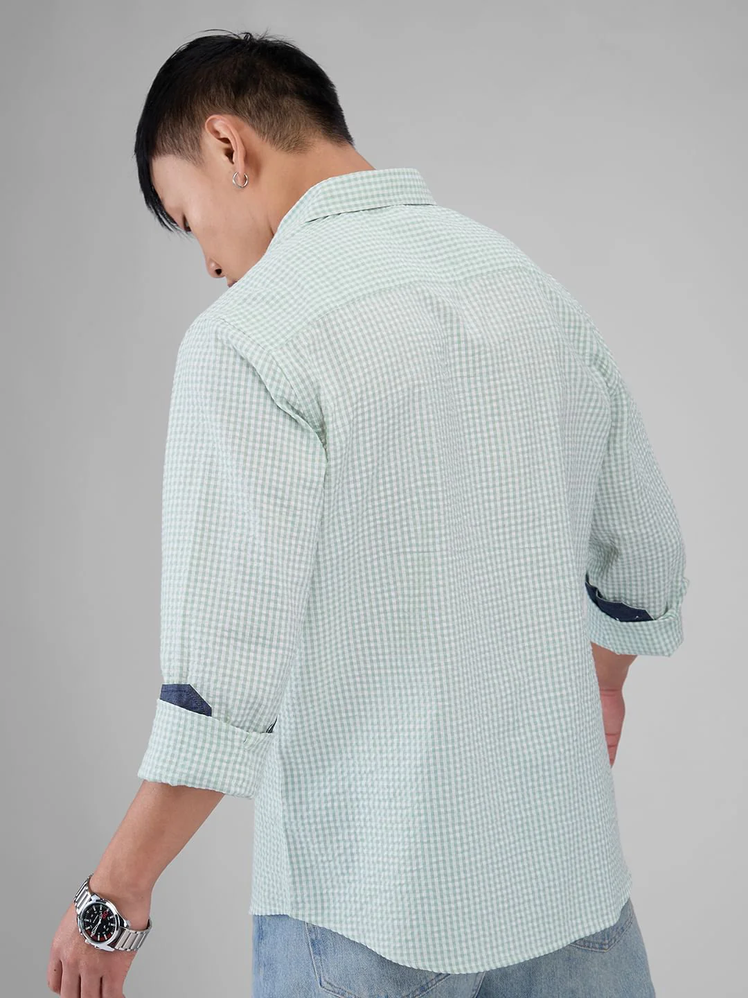Mint Green Tiny Checkered Seersucker Shirt - Image 7