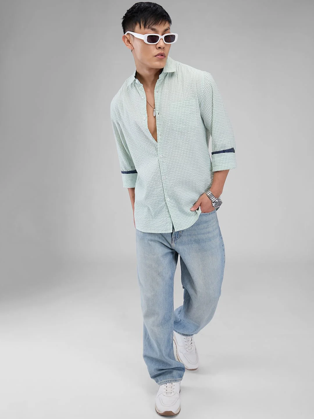 Mint Green Tiny Checkered Seersucker Shirt - Image 8