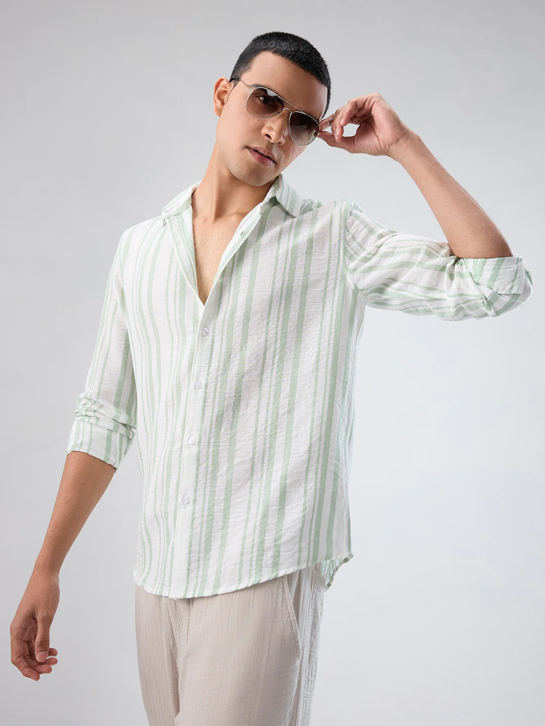 Mint Green & White Vertical Striped Shirt - Image 2