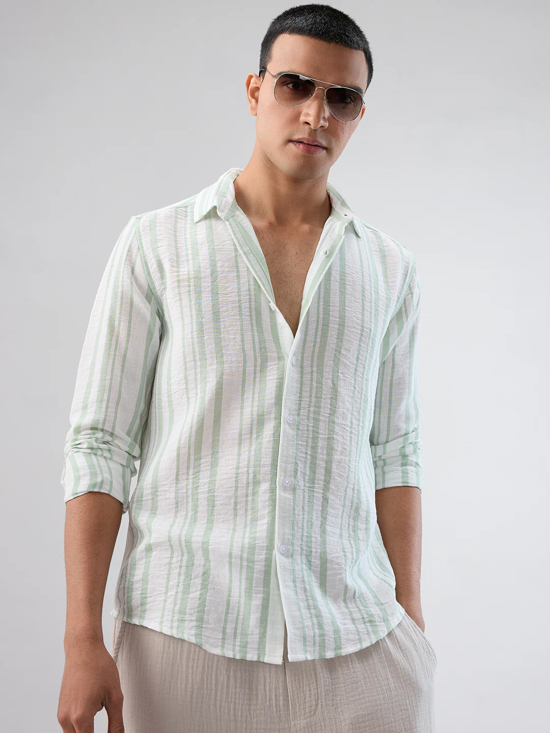 Mint Green & White Vertical Striped Shirt - Image 4