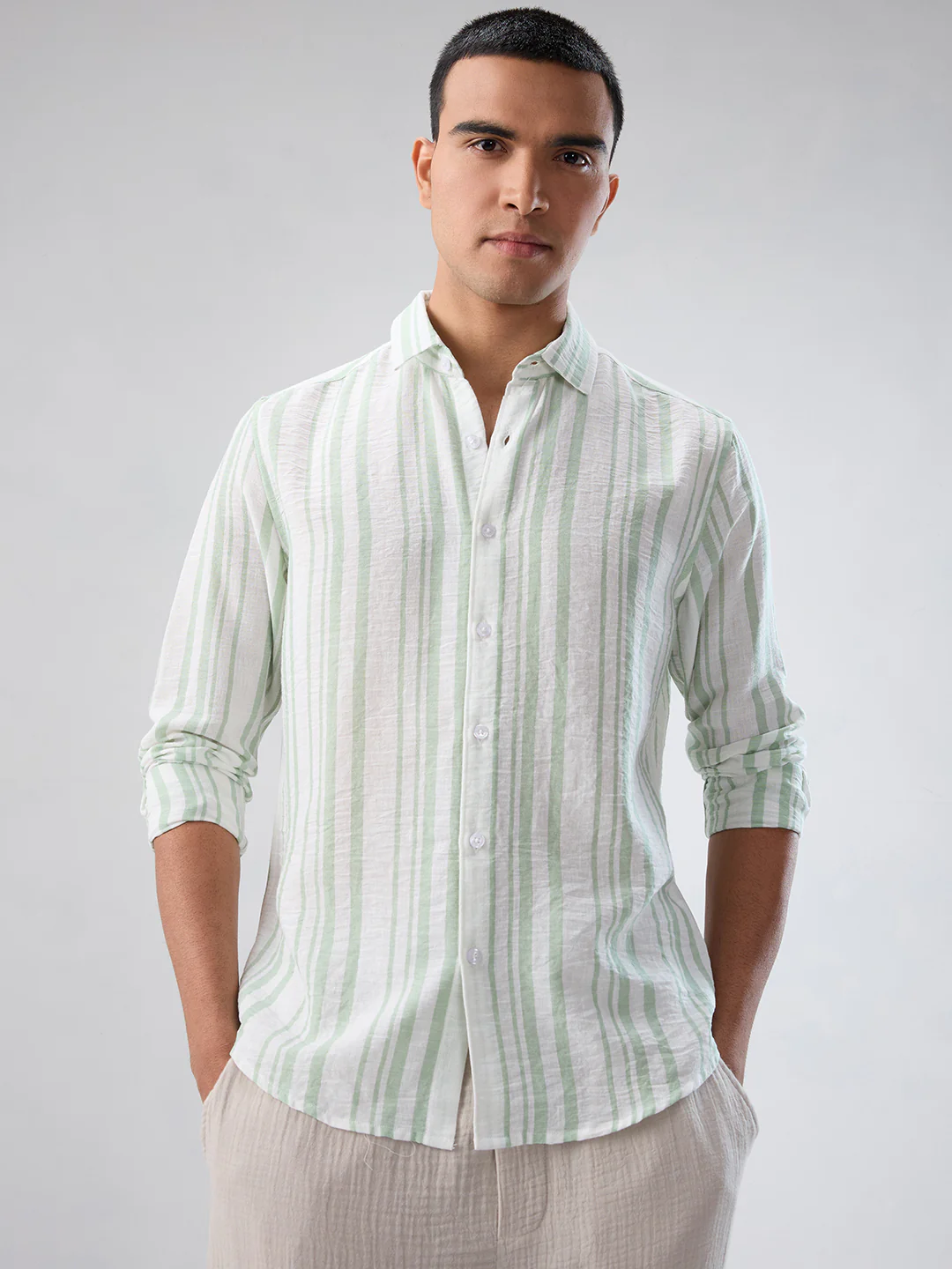 Mint Green & White Vertical Striped Shirt - Image 5