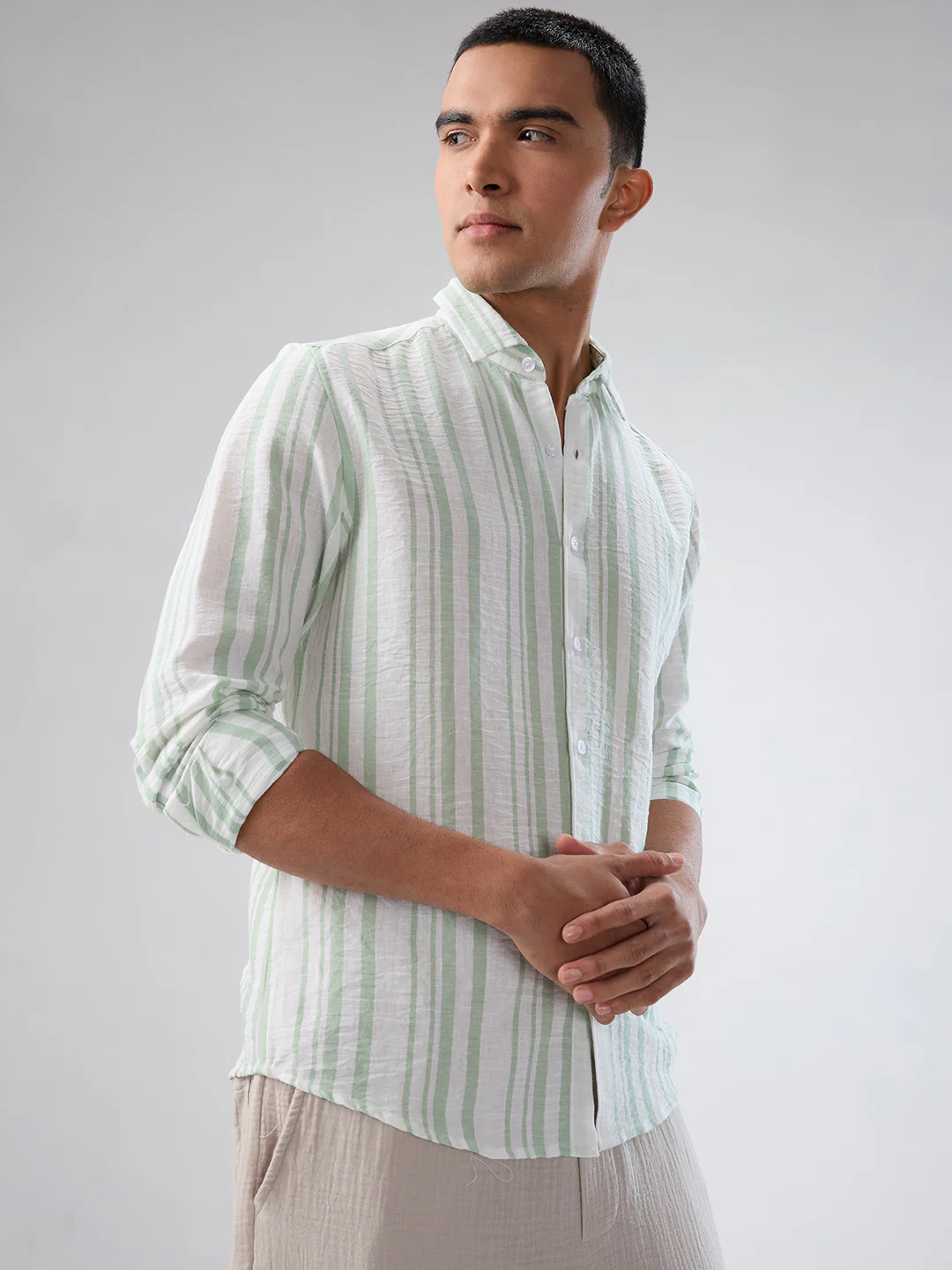 Mint Green & White Vertical Striped Shirt - Image 6
