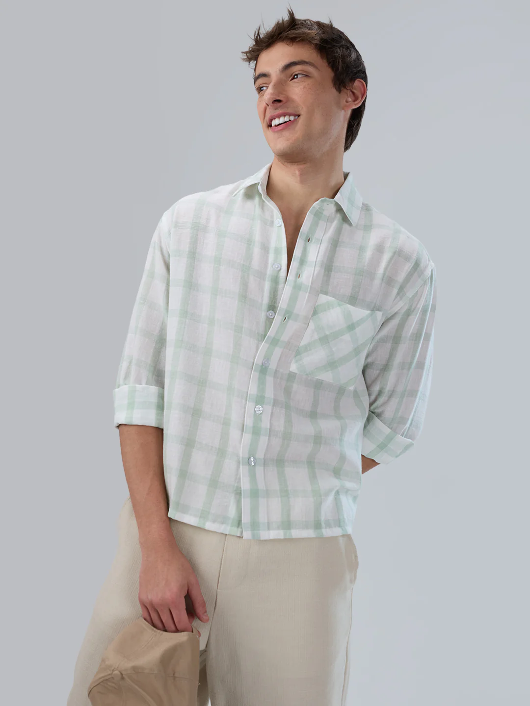 Minted Sage Green Box Checks Boxy Fit Crop Shirt - Image 2