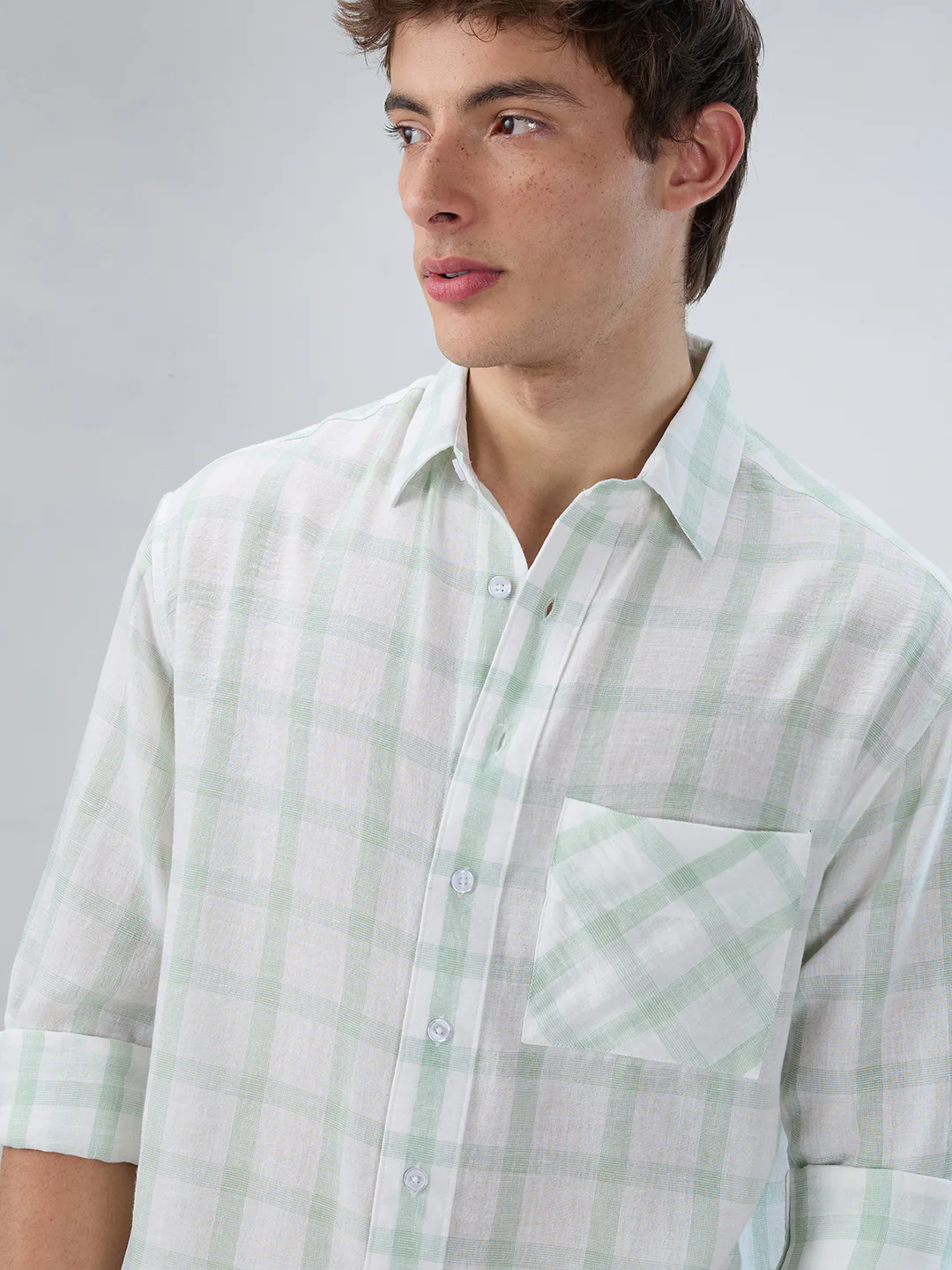 Minted Sage Green Box Checks Boxy Fit Crop Shirt - Image 3